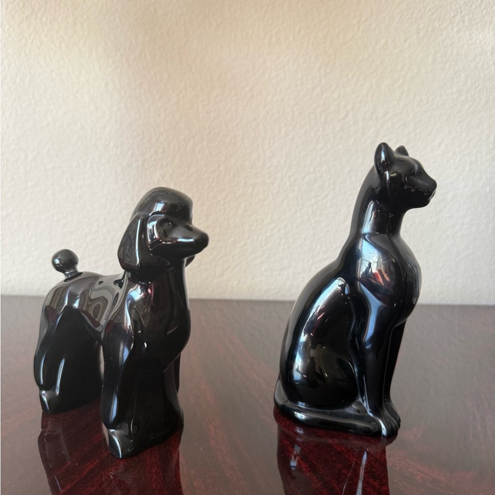 Baccarat Crystal Black Poodle and Cat Figurines